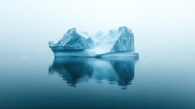 The reflection of an iceberg in the water creates a peaceful yet stark image of the environmental challenges ahead