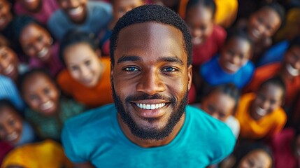 Obraz premium Smiling young man stands out among a joyful group of diverse people celebrating together outdoors during a sunny daytime event