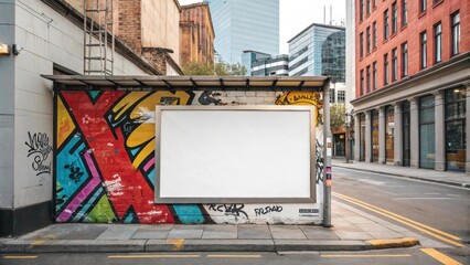 Naklejka premium Blank billboard stands out against a colorful graffiti wall in a bustling city street, offering prime space for advertising campaigns