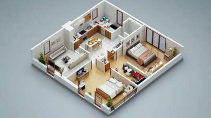 Fototapeta premium A chic 3D layout for a small house with an efficient kitchen, cozy bedrooms, and a living area