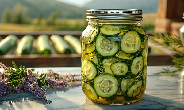 A jar of pickled cucumbers with herbs, set against a scenic background.