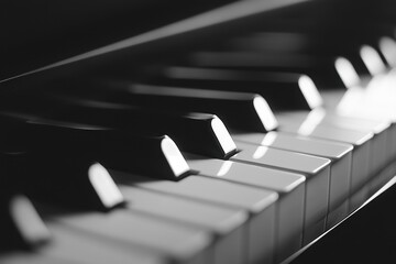 Close-up of piano keys, black and white. Ideal for music, art, and education projects.