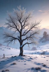 Obraz premium Snowy landscape with a lone tree in the foreground, its branches heavy with frost and twinkling lights , , serene landscape
