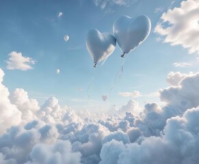 Obraz premium Heart-shaped balloons floating in mid-air within a pale blue sky with fluffy white clouds , pastel colors, soft blue sky
