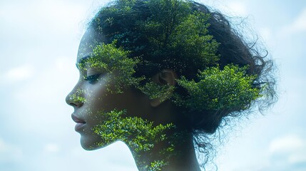 The silhouette of a woman and nature intertwine in a double exposure image, symbolizing the connection between humans and the environment