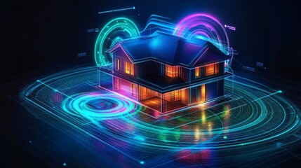 Holographic smart home interface projected over a modern residence at night