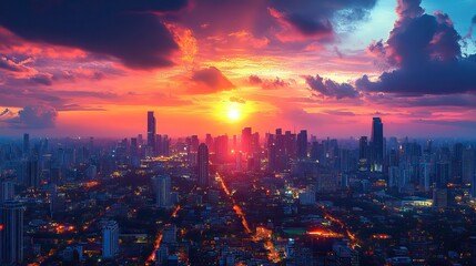 Fototapeta premium The skyline of a bustling city at sunset symbolizes the growing need for urban areas to adopt sustainable practices to reduce their environmental impact