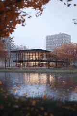Obraz premium Autumn Reflections: A Contemporary Oasis in the Heart of the City