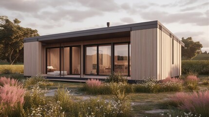 Fototapeta premium Modern wooden house surrounded by greenery and flowers in a serene landscape.