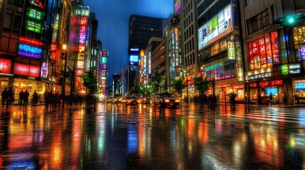 Rainy Night Cityscape Vibrant Neon Lights Reflecting On Wet Street