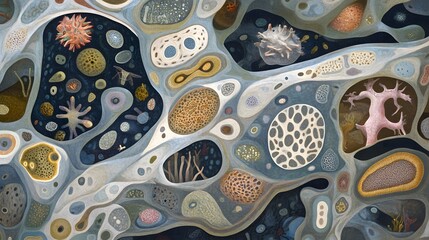 Naklejka premium Human body cellular structure, microscopic view of intricate biological systems. Detailed exploration of life's building blocks, showcasing the complexity and precision of human biology.