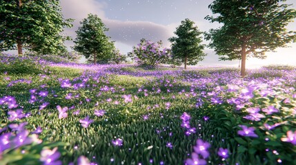 Obraz premium A serene landscape filled with purple flower and trees under a bright sky.