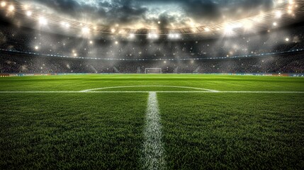 Obraz premium packed soccer stadium is illuminated under bright lights, creating electrifying atmosphere before kickoff. lush green field is ready for match, with anticipation in air