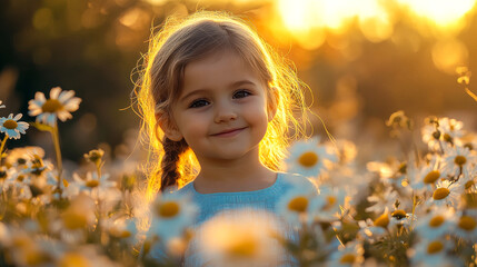 Fototapeta premium Smiling Girl in Wildflowers, Bright and Cheerful Outdoor Scene