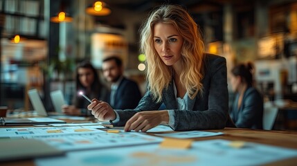 Fototapeta premium Businesswoman having a meeting in a conference room with leaders from different departments in the company.