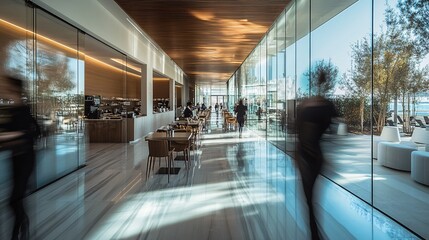 running first person picture with motion of a modern office cafeteria with people eating