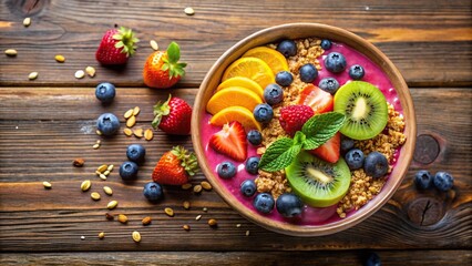 Colorful smoothie bowl with fresh fruits and granola on a wooden table, granola, healthy breakfast, wooden table, smoothie bowl, fruit salad