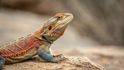 Fototapeta premium Colorful reptile sits in isolation with vibrant scales and patterns, wildlife, colorful, solitary, lizard, isolated