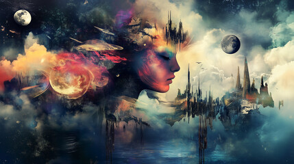 Obraz premium Surreal woman's silhouette with cosmic fantasy landscape, planets, and abstract forms