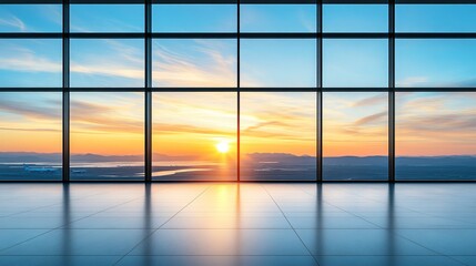 Fototapeta premium A serene sunrise view through large windows, showcasing a beautiful landscape and vibrant sky colors.