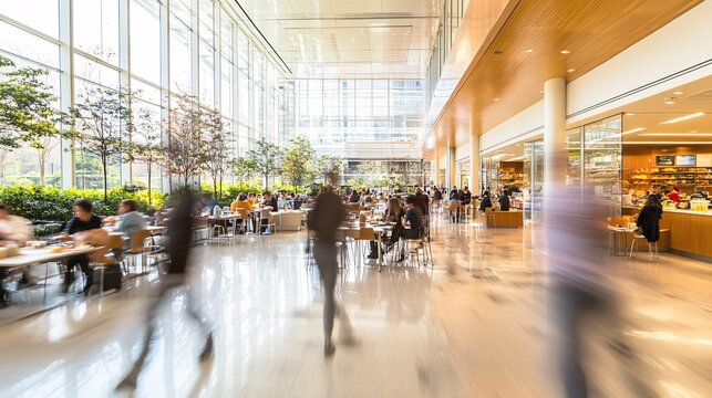 running first person picture with motion of a modern office cafeteria with people eating