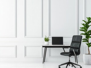 Minimal executive desk with a laptop and stylish black chair, white walls and soft lighting, Executive workspace, modern minimalism