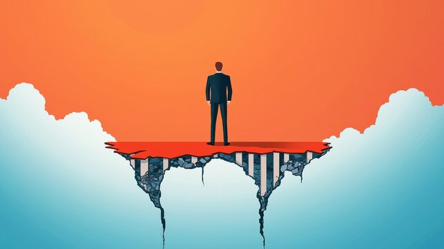 Managerial incompetence concept. A man stands on a floating platform overlooking a surreal landscape.