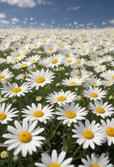 Fototapeta premium A sea of white and yellow daisies blowing in the wind, flower fields, sea of daisies