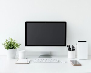 Fototapeta premium Executive desk in a clean, bright office with just a monitor and notebook, no clutter, Executive workspace, modern minimalism