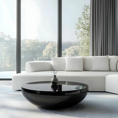 
Round black coffee table near white sofa and armchair against big panoramic windows. Minimalist interior design of modern living room home.
