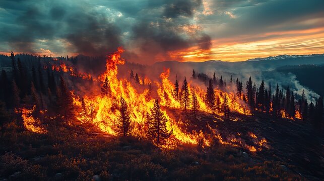 Wildfires rage across the land, creating a climate apocalypse as pollution and extreme weather worsen due to global warming