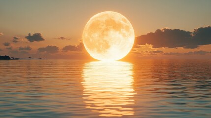 Obraz premium Golden moonrise over calm ocean waters