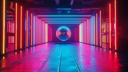 Urban tunnel futuristic neon light show experience at night