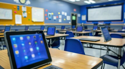 Naklejka premium Technology Integration Classroom: Each student is equipped with a laptop or tablet, supported by charging stations and Wi-Fi zones, creating a fully connected learning environment. 
