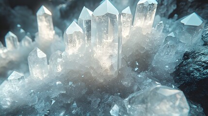 Obraz premium Sparkling Clear Quartz Crystals Capturing Intricate Facets and Radiant Clarity A Close up Shot Showcasing the Beauty and Scientific Elegance of This Precious Natural Gemstone