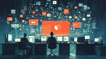 Data monitoring action at tech hub digital workspace evening view