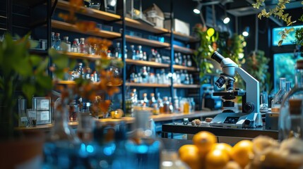 Naklejka premium Science Exploration Lab: Equipped with microscopes, specimens, and lab tools, this lab fosters hands-on experiments and scientific exploration for students and learners. 