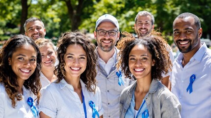Colorectal Cancer Awareness Month (USA),  Colorectal Cancer Awareness Month, diverse group of people wearing blue ribbons smiling outdoors.