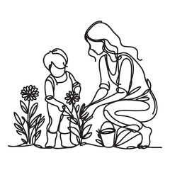 One continuous single drawing black line art doodle of a mother and child planting flowers together on holiday