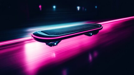 Futuristic hoverboard glowing in neon lights