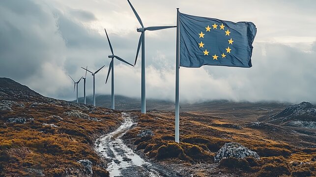 Wind turbines spin behind a waving European Union flag, symbolizing the commitment to renewable energy and environmental policy
