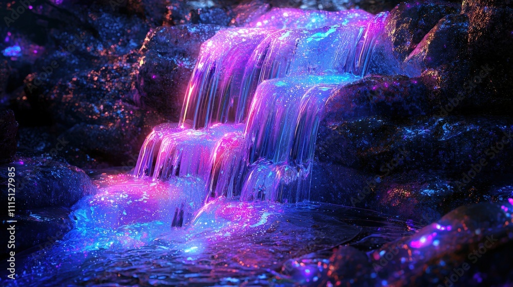 Aufkleber digital waterfall of neon liquid cascading over rocks in a surreal environment captured in stunning 