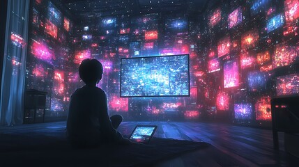 Fototapeta premium Child engaged with digital media in a colorful tech environment