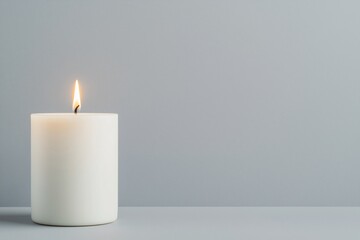 Big white candle lit against a soft grey background. Ideal for themes of remembrance, spirituality, and celebrations