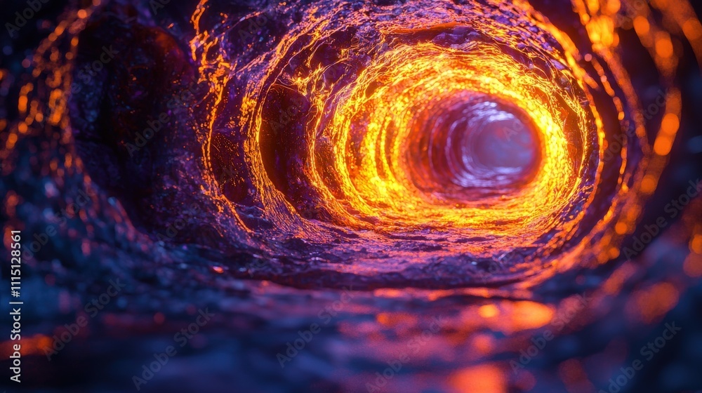 Poster Dynamic neon tunnel flowing with magma-like patterns digital art abstract environment surreal viewpoint futuristic concept