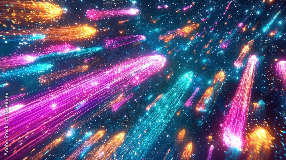 Poster Meteor shower spectacle in space cosmic display digital art dark universe dynamic viewpoint futuristic concept