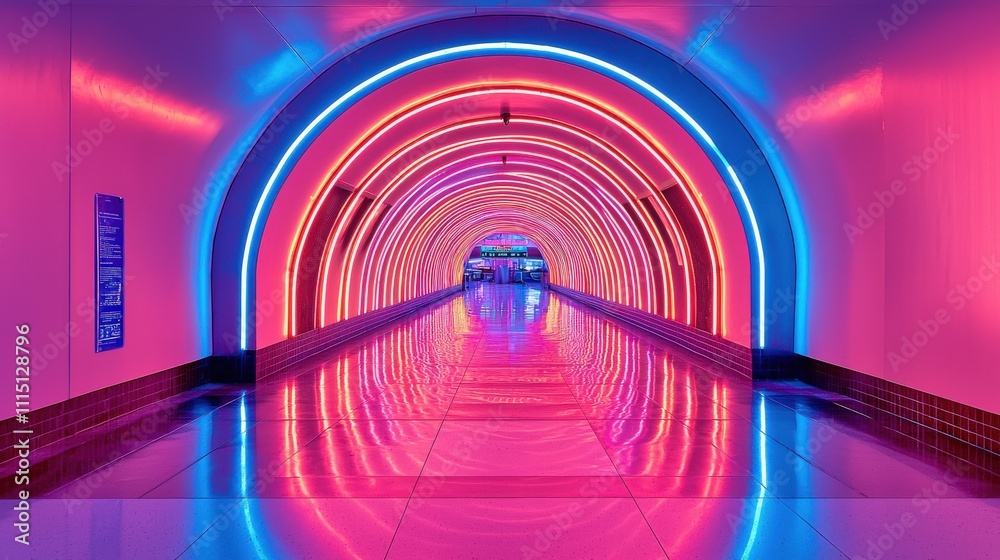 Poster neon tunnel with kaleidoscopic patterns urban location photography futuristic environment wide angle