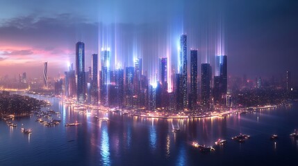 Fototapeta premium Futuristic cityscape at dusk urban skyline digital art night