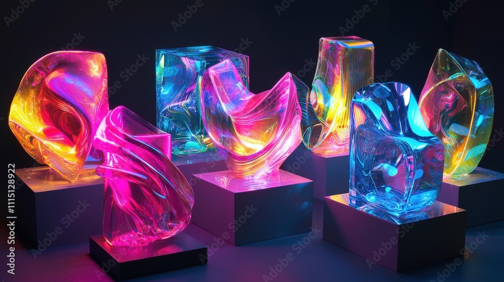 Aufkleber vibrant holographic abstract sculptures showcase art gallery modern display illuminated environment 