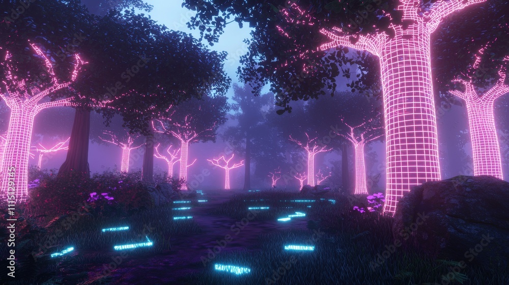 Poster immersive surreal vr forest digital trees and mystical atmosphere in a conceptual virtual nature art
